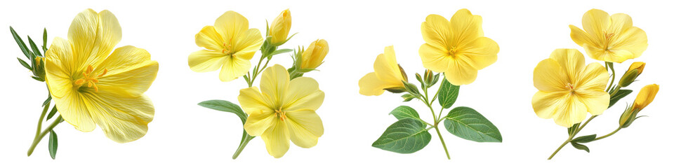 Evening primrose isolated on transparent background, PNG, Set of