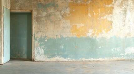 Fototapeta premium Empty room with damaged, peeling paint on walls, showing teal, yellow, and beige hues. A light teal door is visible. The floor is concrete.