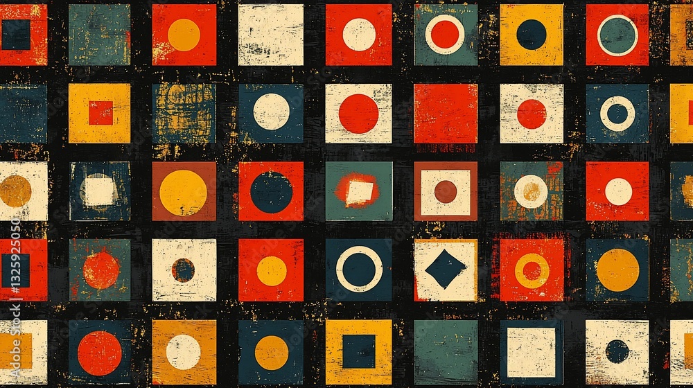 Poster geometric pattern with circles and squares in vintage style.