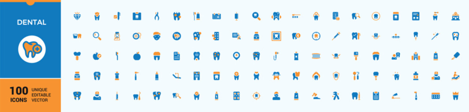 Dental colorful solid icons. Includes symbols for treatment, medical, clinic, tooth, health, doctor, dentistry, dentist, teeth and more. Icon design. Dentistry icon set. Modern filled icons.