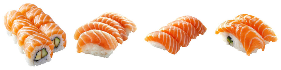 Salmon sushi isolated on transparent background, PNG, Set of