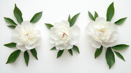 Fototapeta premium Elegant frame of three white peony flowers and lush green leaves on clean white background, top view with copy space for design