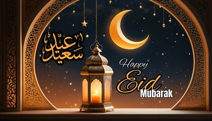 A Glowing Lantern And Crescent Moon Illuminate A Joyous Eid Mubarak Celebration Framed By Intricate Archway Details Under A Starlit Night Sky