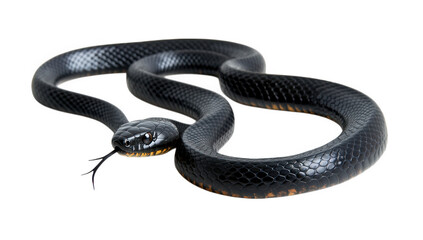 Naklejka premium black snake showcasing its smooth scales and distinct features including a forked tongue the snake is positioned on a plain white background emphasizing its form and texture