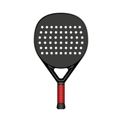 Black padel racket with perforated surface isolated on white background front view, realistic 3d vector professional sports equipment for padel tennis, sleek design with red grip.