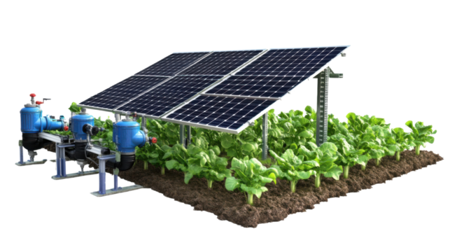 "A solar-powered irrigation pump system, isolated on transparent background, showcasing eco-friendly farming.