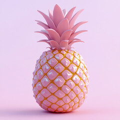 Stylized pineapple, made in pink tones with gold accents on a pink background. Pineapple looks glossy and smooth.