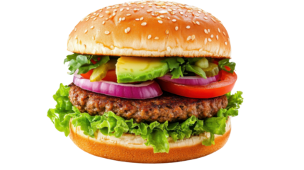 "A freshly made vegetarian burger with a plant-based patty, lettuce, tomato, red onion, avocado slices, and a whole-grain bun, isolated on a transparent background.