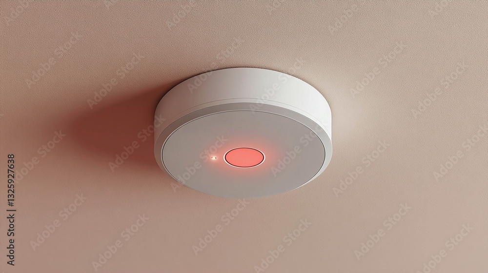 Poster a round, white smoke or security sensor mounted on a cream-colored ceiling. a red indicator is lit i