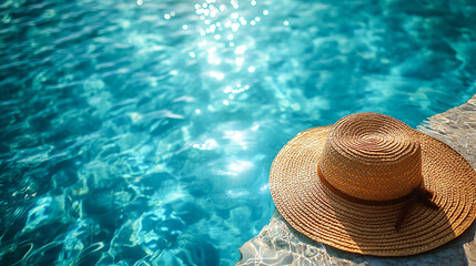 Top view of the pool with crystal clear blue water. There is a straw hat on the edge of the pool.