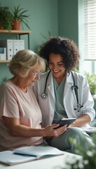 Fototapeta premium A warm and inviting scene captures a female doctor of mixed ethnicity engaging with an elderly woman in a cozy medical office. The doctor smiles as she shares information on a tablet, fostering a