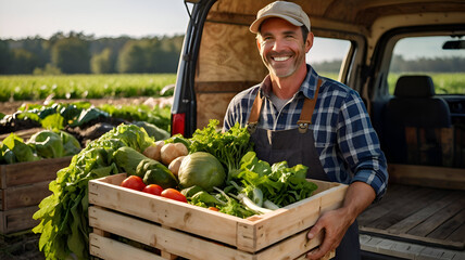 A smiling farmer delivers a wooden crate brimming with vibrant, fresh, and organic vegetables, roots, and leafy greens, ensuring healthy produce is conveniently brought to your doorstep