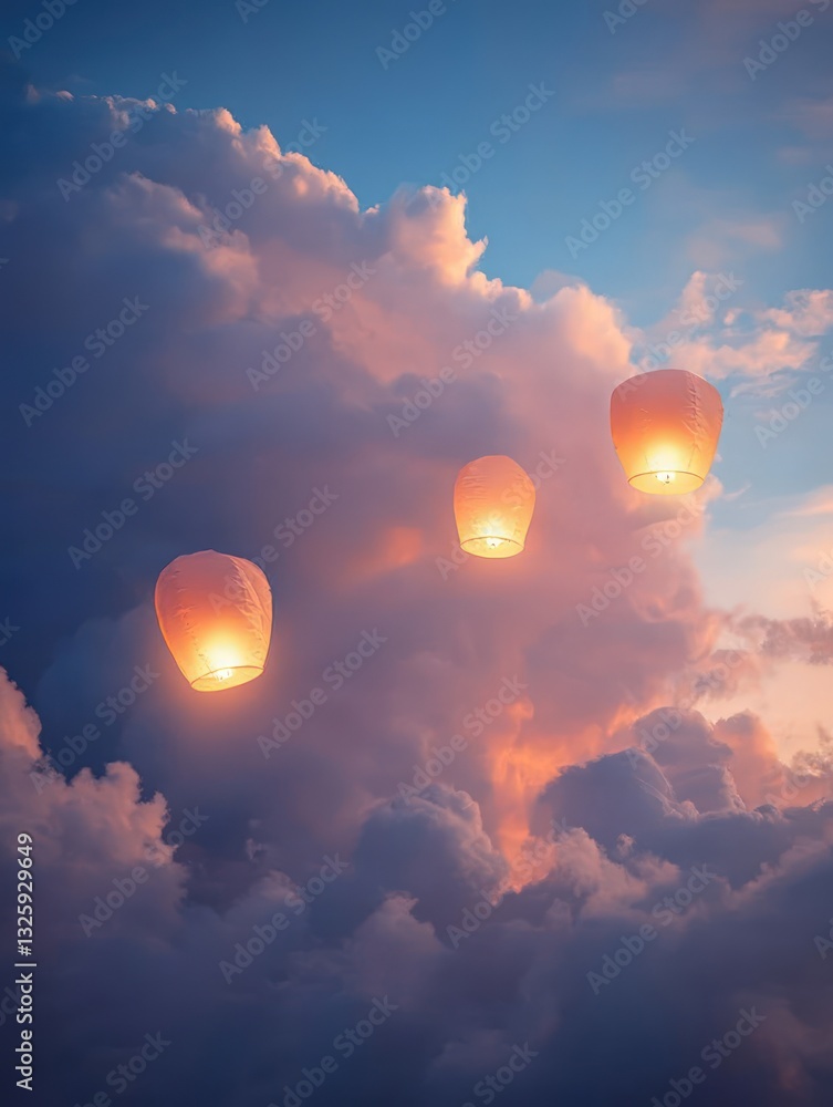 Aufkleber three illuminated floating lanterns against a backdrop of pastel-colored clouds illuminated by sunse