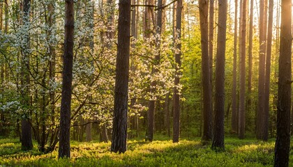 Obraz premium summer forest with green trees and blooming plants bathed in soft diffuse morning light