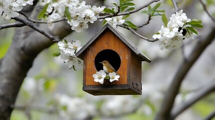 Small Bird in Wooden Birdhouse Spring Blossoms tree cute home calm white sweet image scene