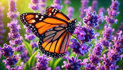Fototapeta premium Monarch butterfly pollinating Lavandula blossoms in a sunlit garden during summer bloom