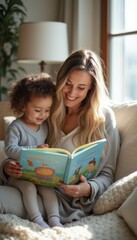 Obraz premium A joyful mother and her young daughter are cozily seated on a soft couch, engrossed in a colorful storybook. The warm sunlight filters through the window, creating a serene atmosphere filled with love