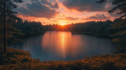 Naklejka premium Stunning sunset over a serene forest lake with dramatic sky