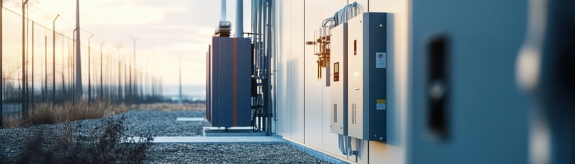 Obraz premium Efficient clean energy inverter system seamlessly integrates with the power grid for sustainable energy solutions.