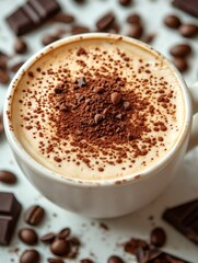 Delicious cappuccino decorated with cocoa powder and coffee beans