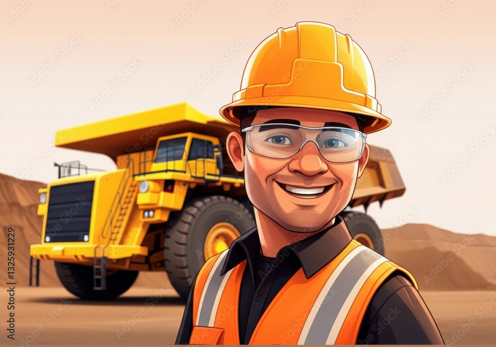 Poster smiling construction worker in front of a large mining truck