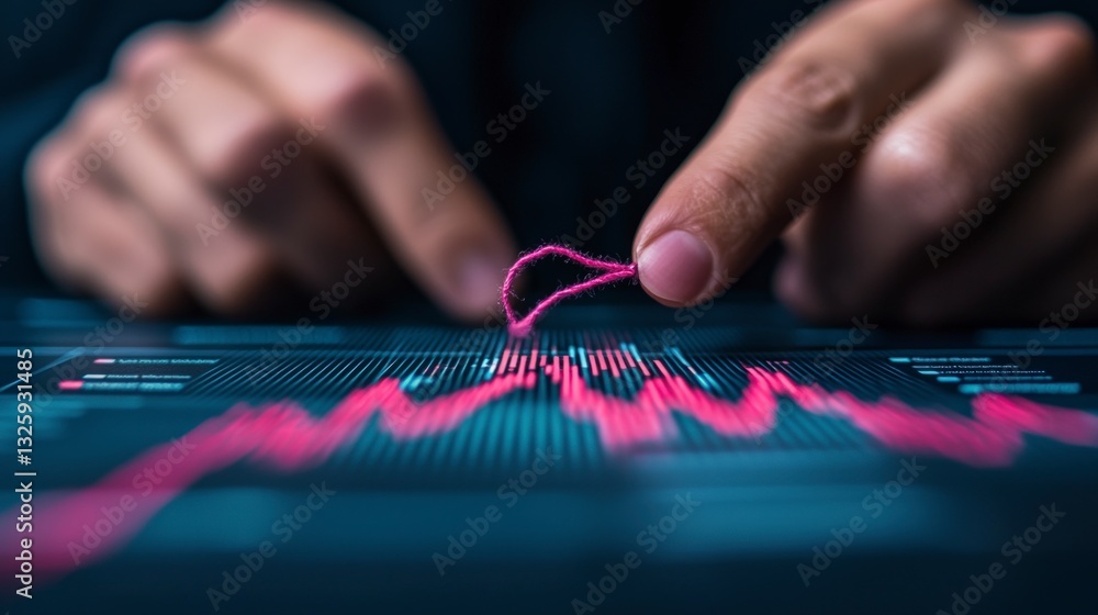 Poster analyzing financial data close up of hands interacting with a digital graph showing trend