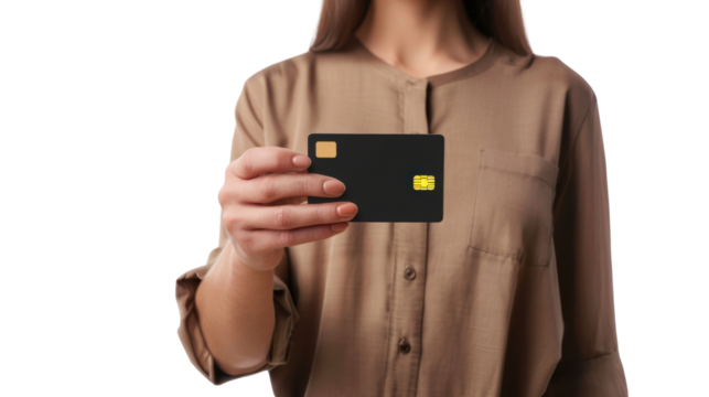 Woman holding credit card with transparent background