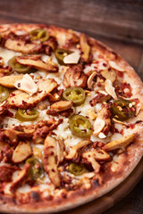 Gyros Pizza with jalapeno pepper and mozzarella cheese. Soft focus. Close up.