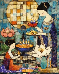 Obraz premium Artistic illustration of two women in traditional attire with lotus flowers and candles under a mosaic moon