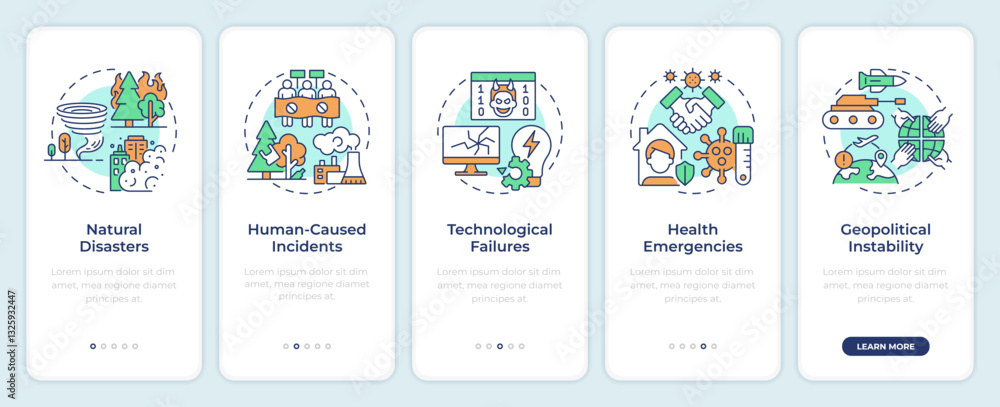 Poster types of critical events onboarding mobile app screen. walkthrough 5 steps editable graphic instruct