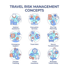 Travel risk management multi color concept icons. Business journey security service. Tourist insurance policy. Icon pack. Vector images. Round shape illustrations for presentation. Abstract idea