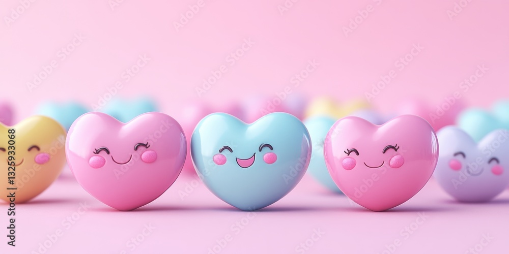 Poster charming collection of colorful smiling hearts on a soft pink background ? a symbol of love and affe