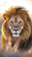 Fototapeta premium Majestic lion with a golden mane in a tranquil savanna