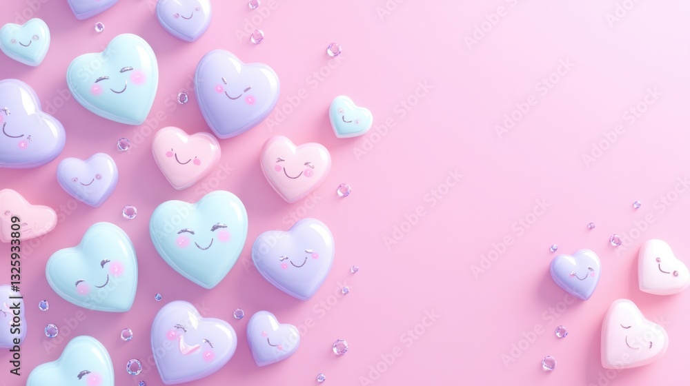 Poster cheerful and playful collection of colorful heart-shaped characters on soft pink background