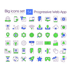 Progressive web app RGB color icons set. PWA development platform. Digital technology application. Isolated vector illustrations. Simple filled line drawings collection. Editable stroke