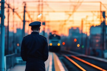 Police Officer Standing on Train Platform at Dusk with Soft Sunset Background