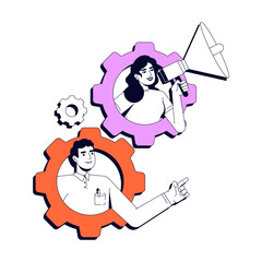 Marketing strategy vector illustration concept. Businesswoman with megaphone, businessman pointing inside interconnected gears stylized cartoon characters isolated on white. Flat 2D line art