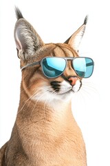 Caracal cat wearing sunglasses posing stylishly for the camera isolated on white background, trendy pet fashion concept, animal portrait, cool wildlife.