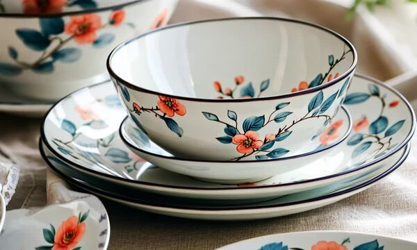Beautifully arranged floral-patterned ceramic dinnerware set on a neutral tablecloth with soft lighting