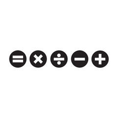 Fundamental mathematical operator icons including plus, minus, multiply, divide, and equals are isolated on a white background for use in interface.