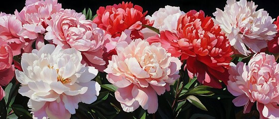 Stunning Pink and Red Peonies Blooming Flowers Garden art lush plant fresh macro image