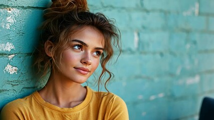 Thoughtful young woman in yellow top posing against textured teal wall background - Powered by Adobe
