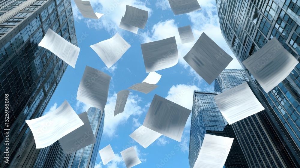 Poster a view of documents fluttering in the air between tall buildings under a blue sky, creating a striki