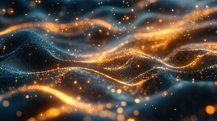 Obraz premium Abstract gold particles flowing in dark waves