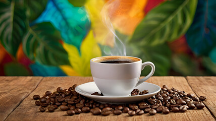 Fototapeta premium cup of coffee, Coffee cup on colorful background with leaves, symbolizing freshness and energy