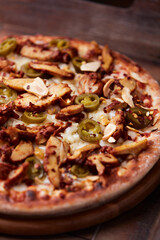 Gyros Pizza with jalapeno pepper and mozzarella cheese. Soft focus. Close up.