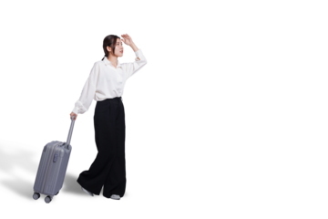 Cheerful young Asian woman holding suitcase with walking to the front, isolated on white background. Concept tourist holiday trip, cut out