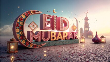 Breathtaking 3D Eid Mubarak Art with Luminous Light, Crescent Moon, and a Captivating Festive Background