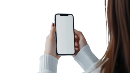 Woman holding smartphone with white screen on transparent background