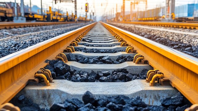 Black ore and gravel are seen along railway tracks that lead to a lead and zinc mine, with the scene illuminated by warm sunlight, capturing the essence of an industrial mining and transport